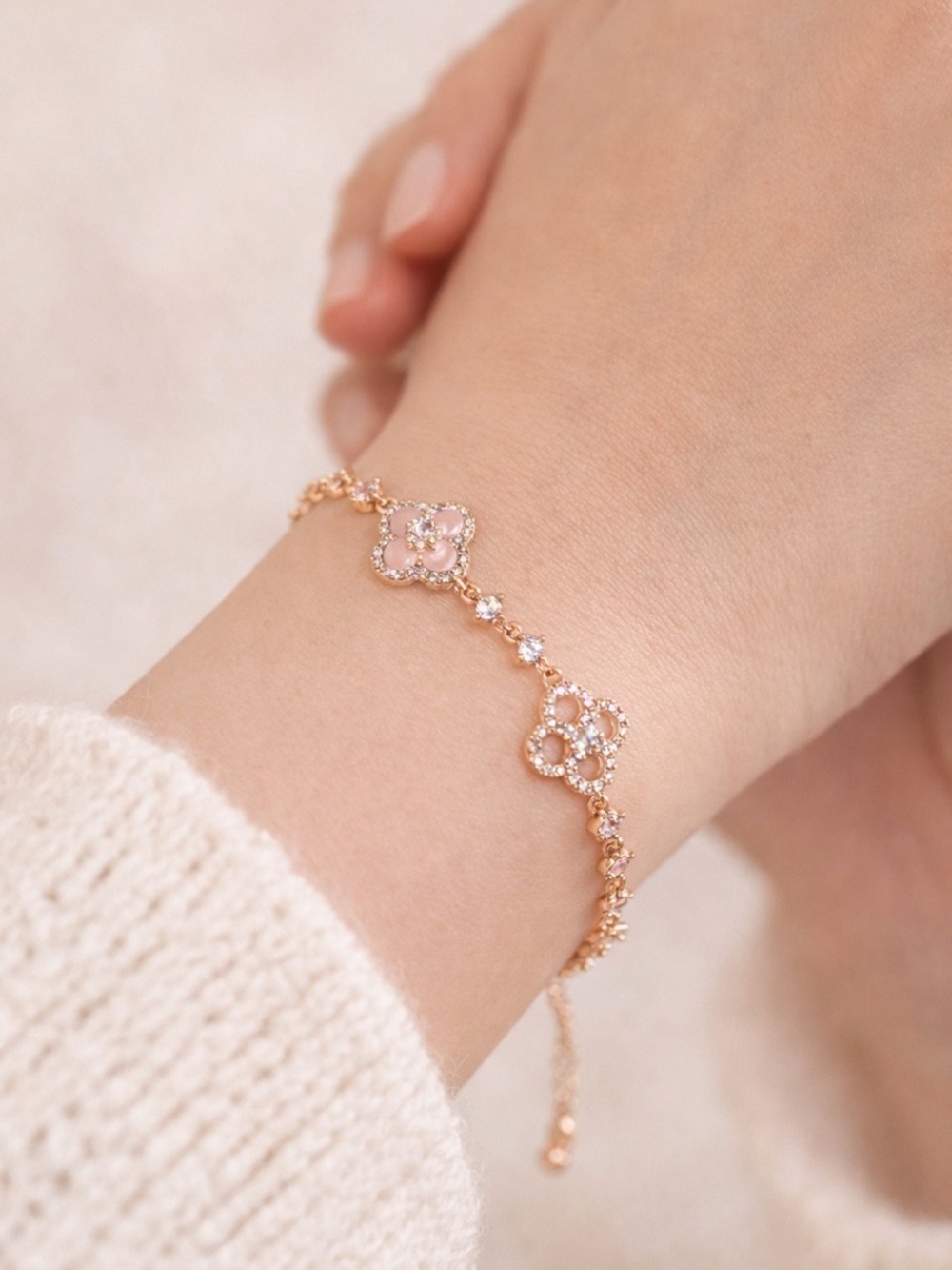 Pink Flower Charm Bracelet | Rose Gold CZ Floral Adjustable Dainty Jewelry